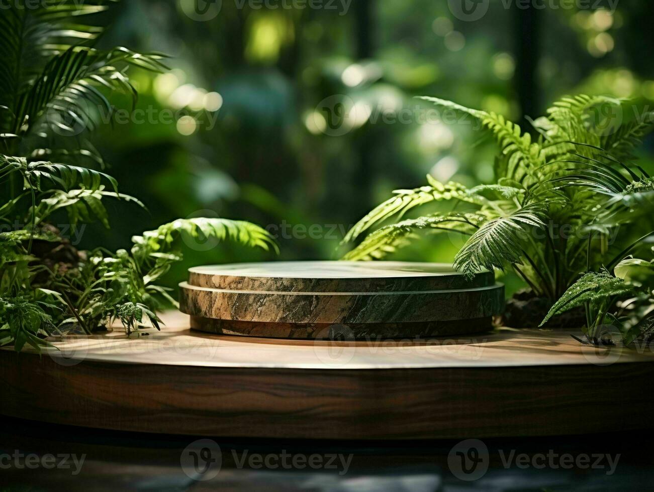 AI generated Wooden Product Display Podium with Nature Background. Natural Product Placement Pedestal Stand. Generative AI photo