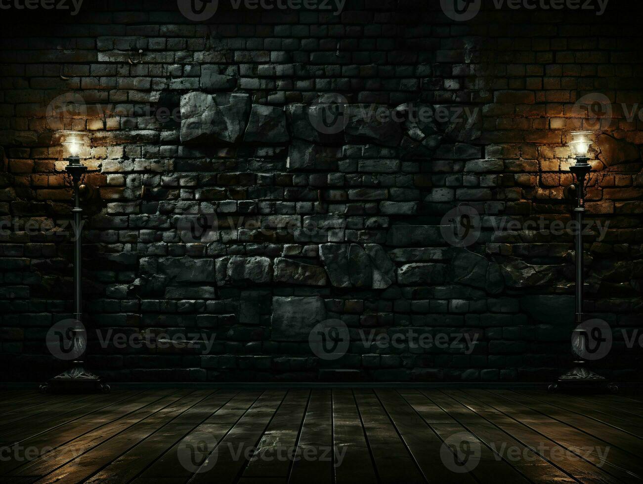 AI generated Black Brick Wall Texture Background. Room with Dark Brick Wall. Generative AI photo
