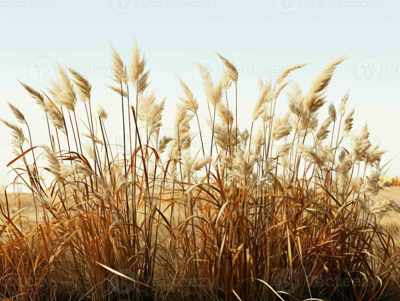 AI generated Prairies Grasses with Blue Sky View. Grass on Wild Field. Generative AI photo