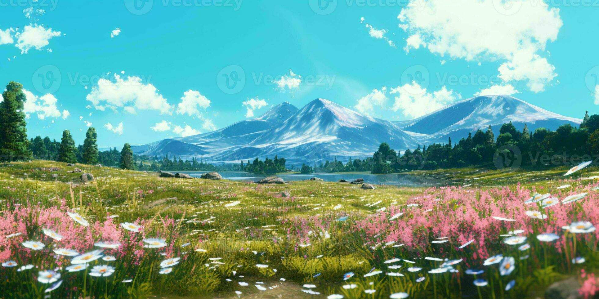 AI generated Beautiful Flowers Meadow Landscape. Flower Field. Generative AI photo