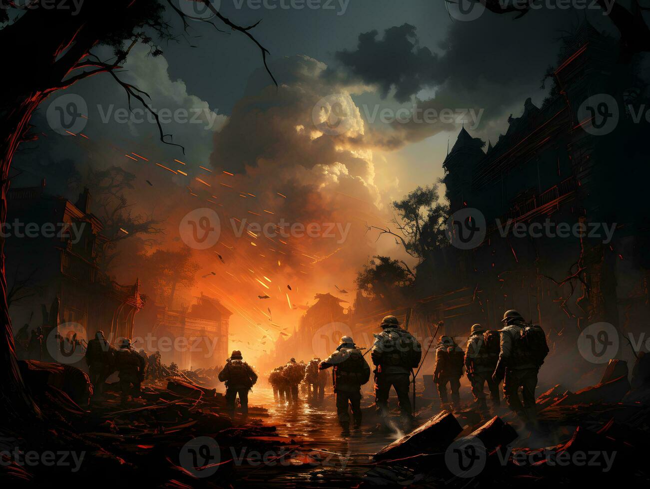 AI generated Silhouettes of Soldiers in a Ruined City Turned into a War Zone. War in the City. Generative Ai photo