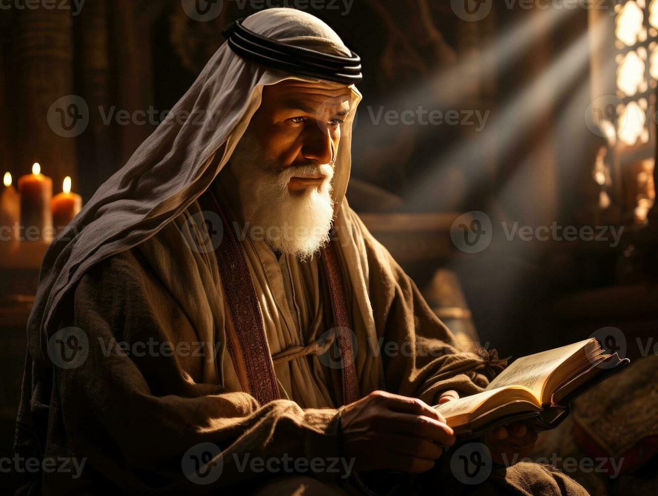 AI generated An elderly Muslim man reads the Al Quran by candlelight. Generative Ai photo