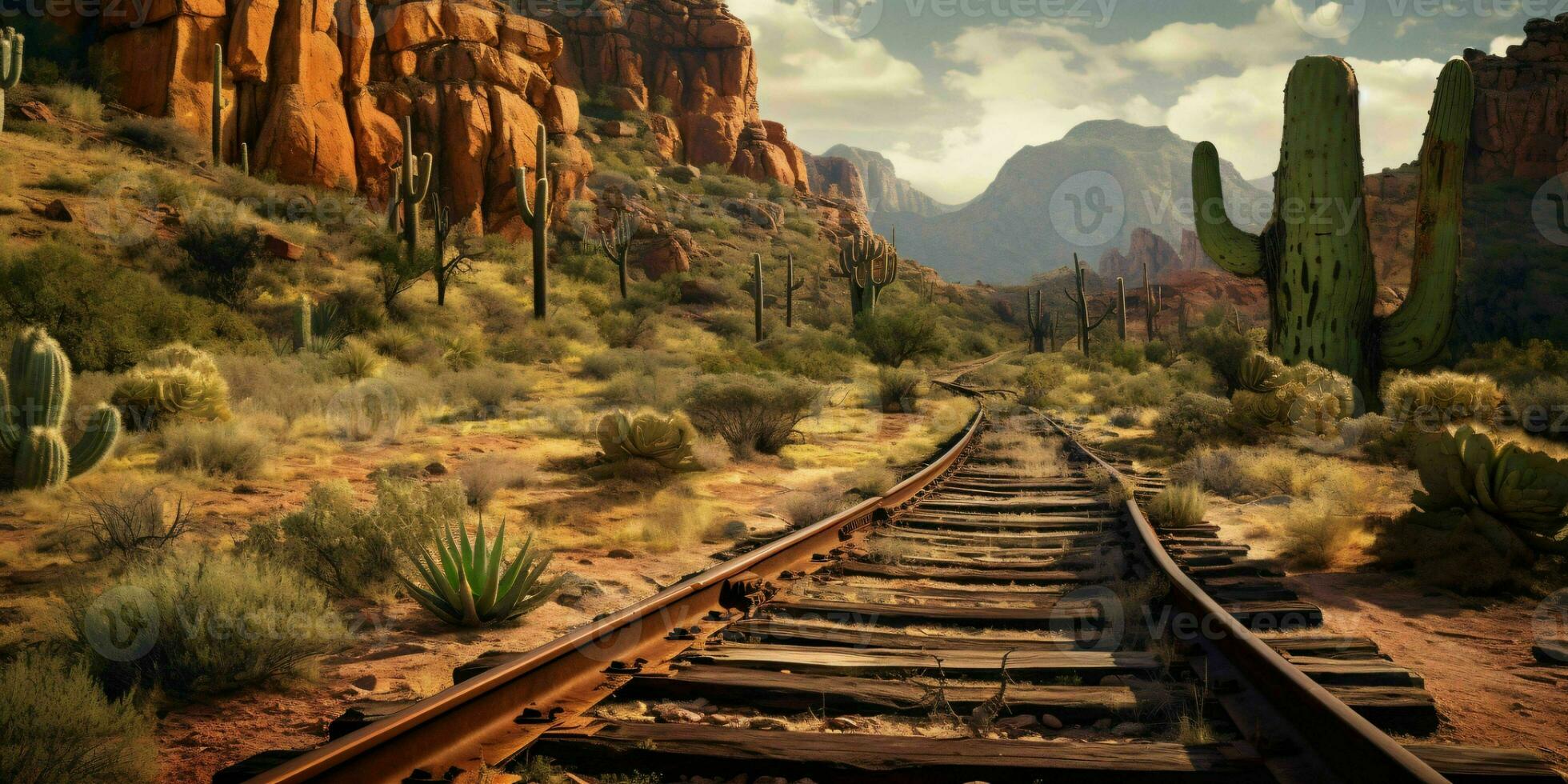 AI generated Rusty Railroad Track on Western Desert. Abandoned Train Track. Generative AI photo