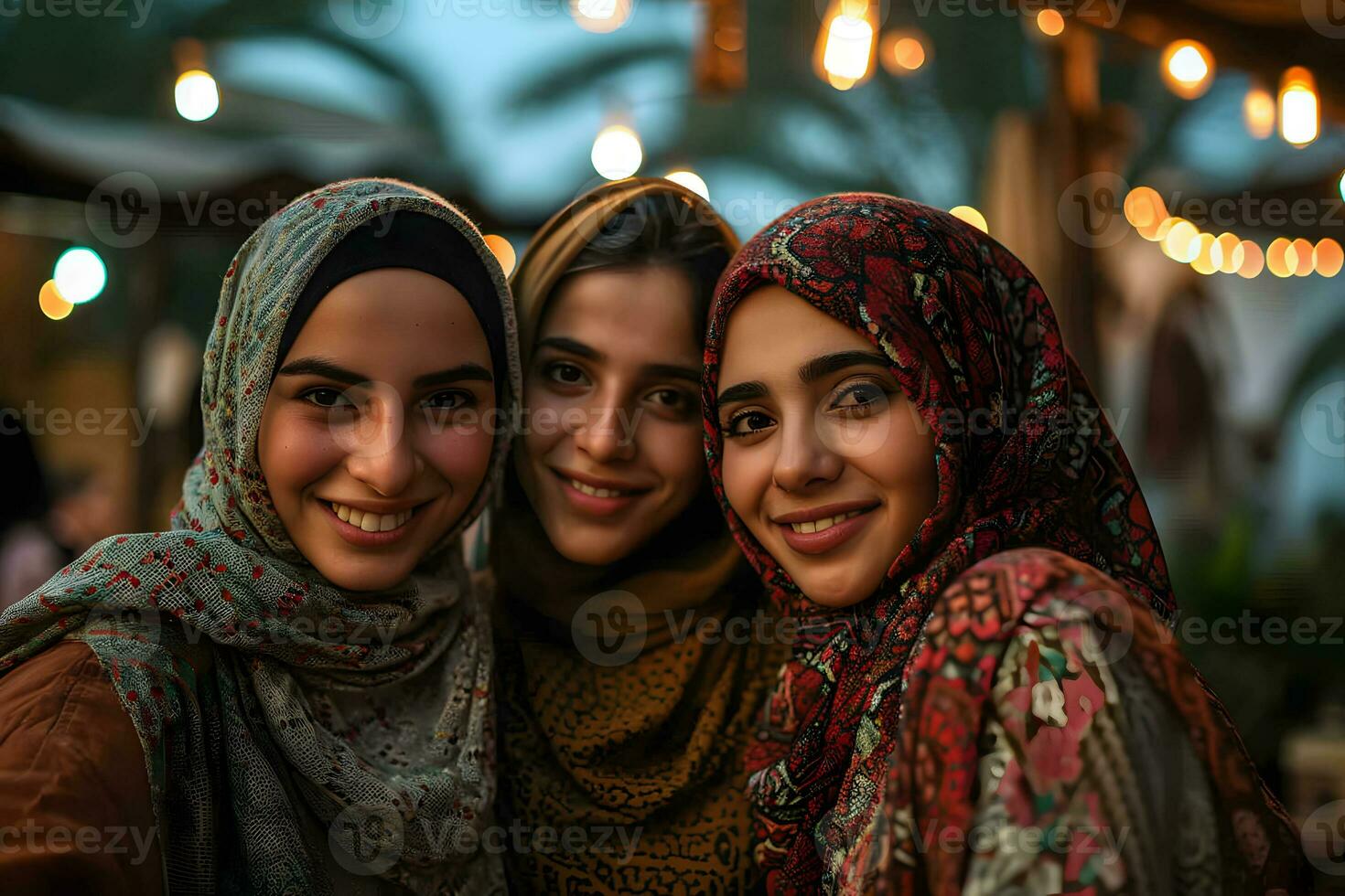 ai generado grupo de contento musulmán mujer vistiendo hijab tomando selfie con móvil teléfono a puesta de sol. generativo ai foto