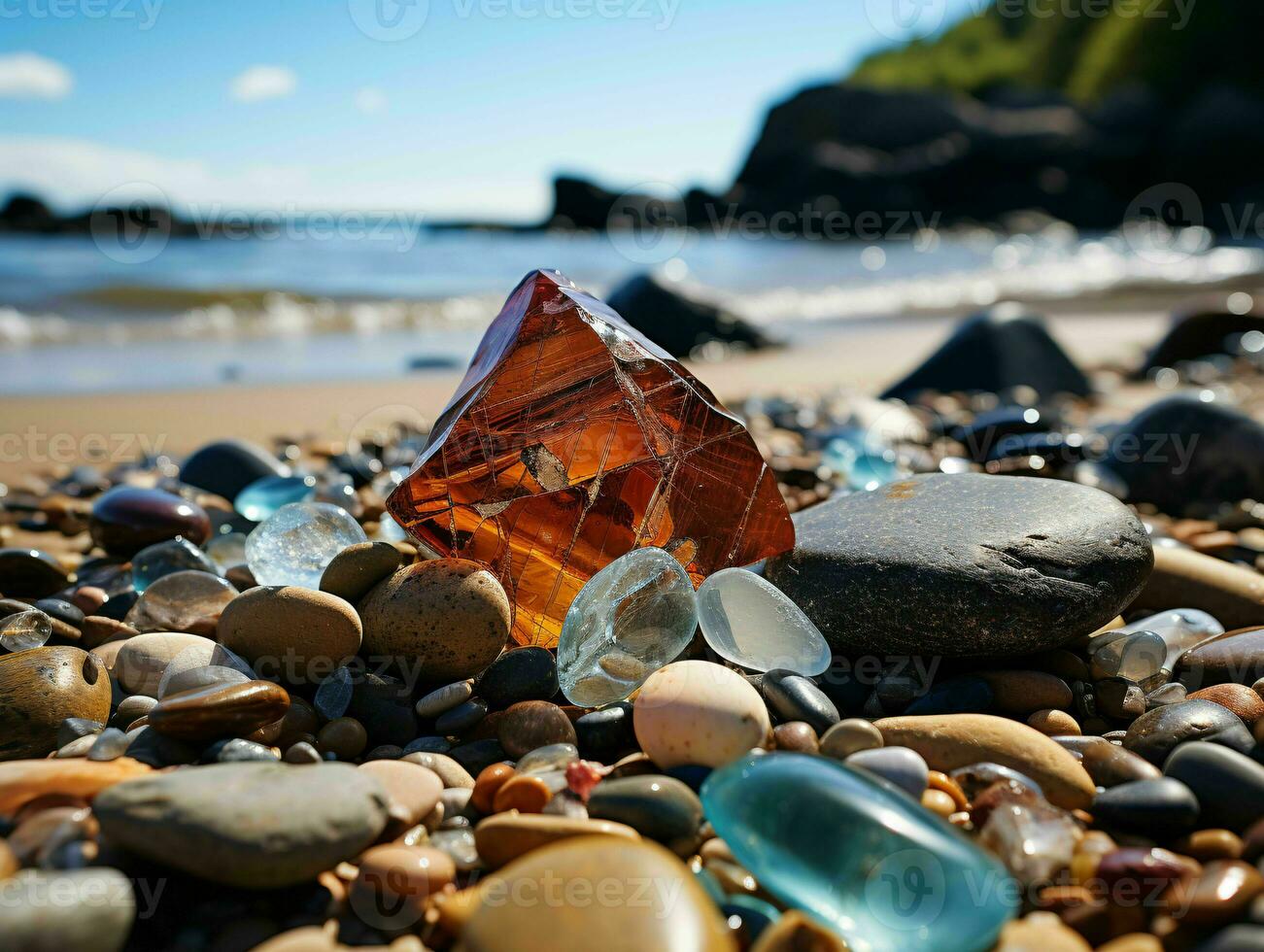 ai generado brillante mar vaso en el playa. piedra preciosa. generativo ai foto