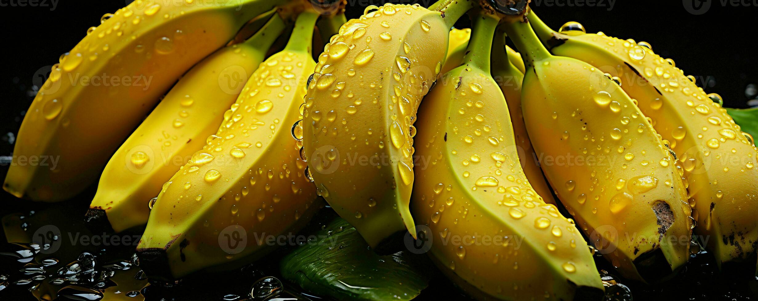 AI generated Fresh Bananas with Water Droplets. Bunch of Banana Isolated on Black Background. Generative AI photo