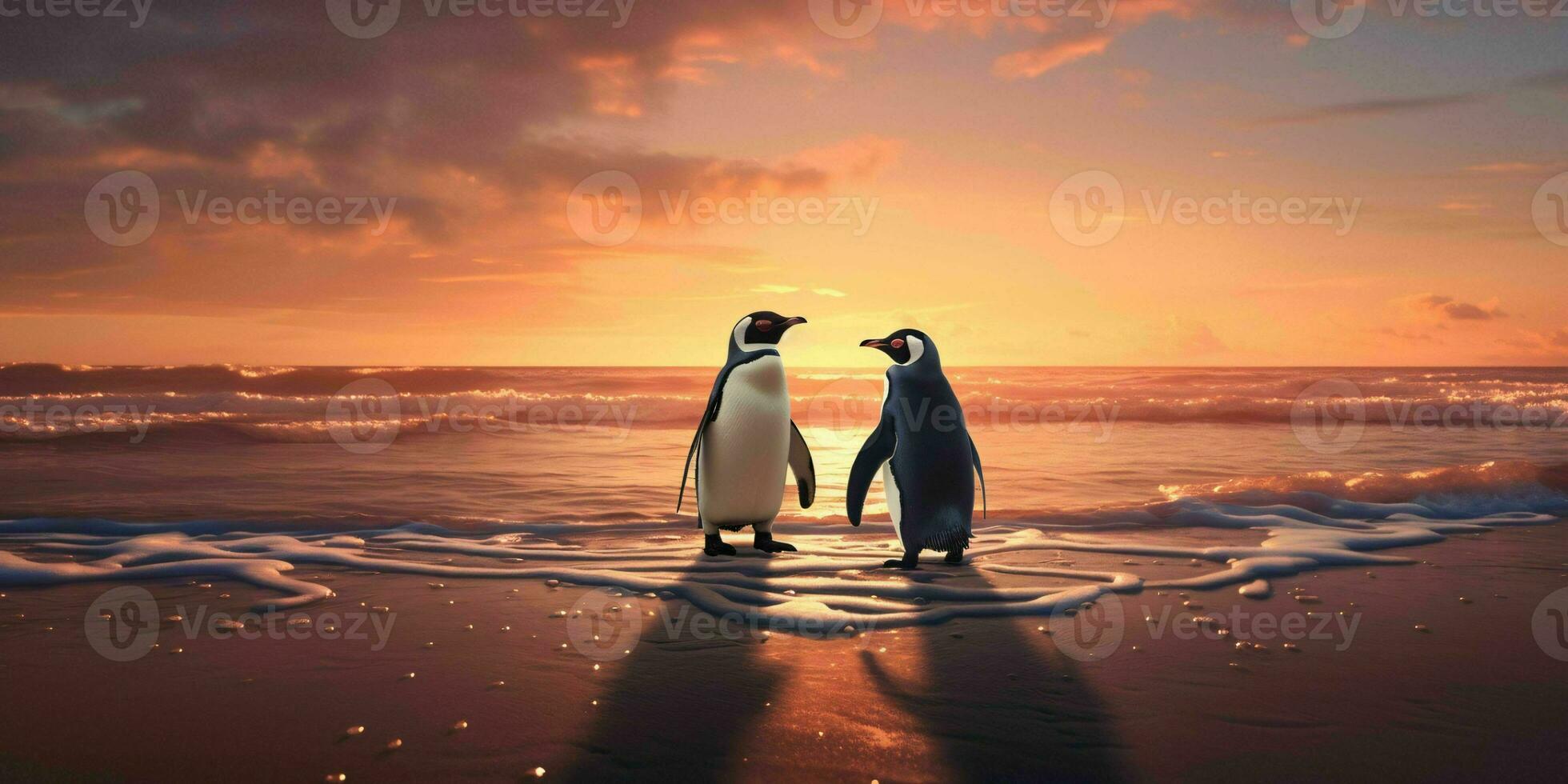 AI generated A Pair of Penguins Enjoy the Beauty of the Beach at Dusk. Penguin Couple. Generative AI photo