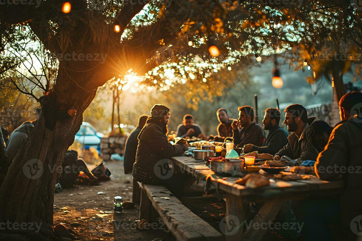 ai generado contento y alegre medio oriental antiguo hombre sentado y disfrutando un comida juntos al aire libre. generativo ai foto