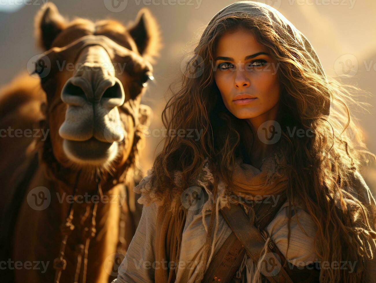AI generated Beautiful Veiled Women Traveling in the Desert with Sunlight Effect. Generative AI photo