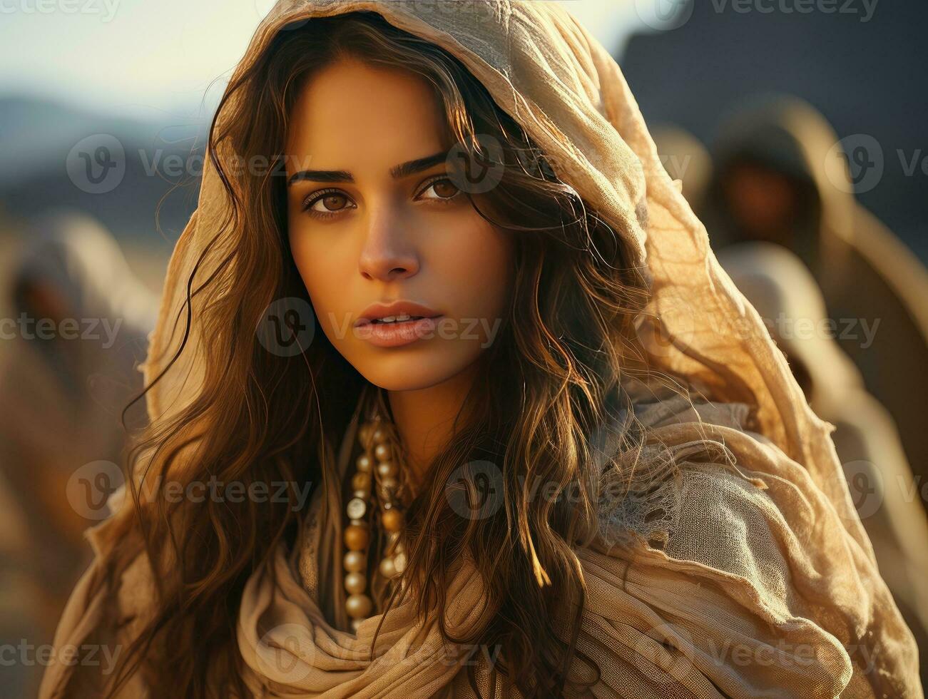 AI generated Beautiful Veiled Women Traveling in the Desert with Sunlight Effect. Generative AI photo