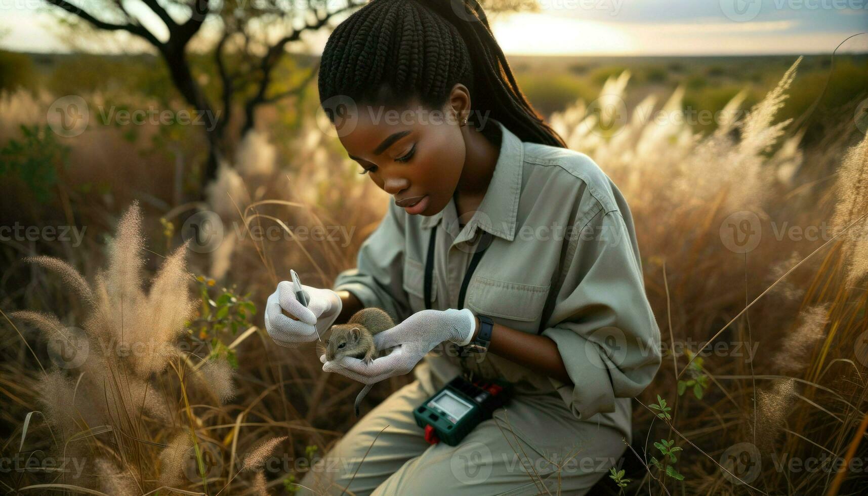 AI generated A female wildlife biologist of African descent is captured in a close-up shot as she meticulously places a tag on a small mammal photo