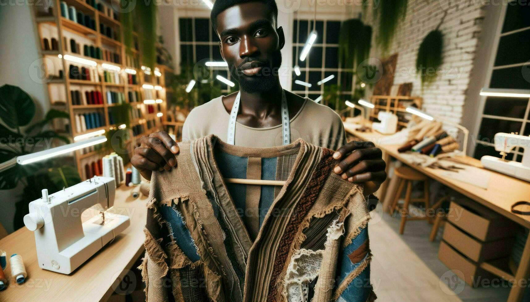 AI generated A male fashion designer of African descent is captured in a wide close-up shot, holding up a garment made from recycled materials in his contemporary photo