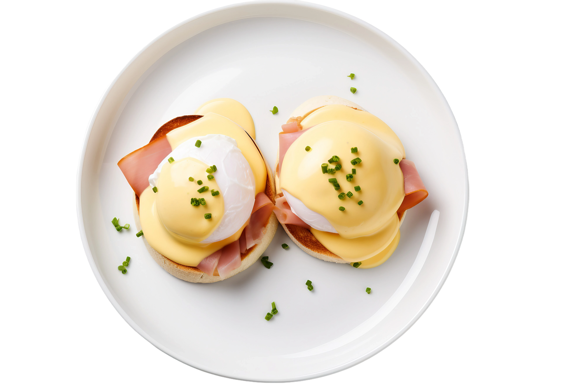 AI generated Eggs Benedict on a White Plate. Transparent Background