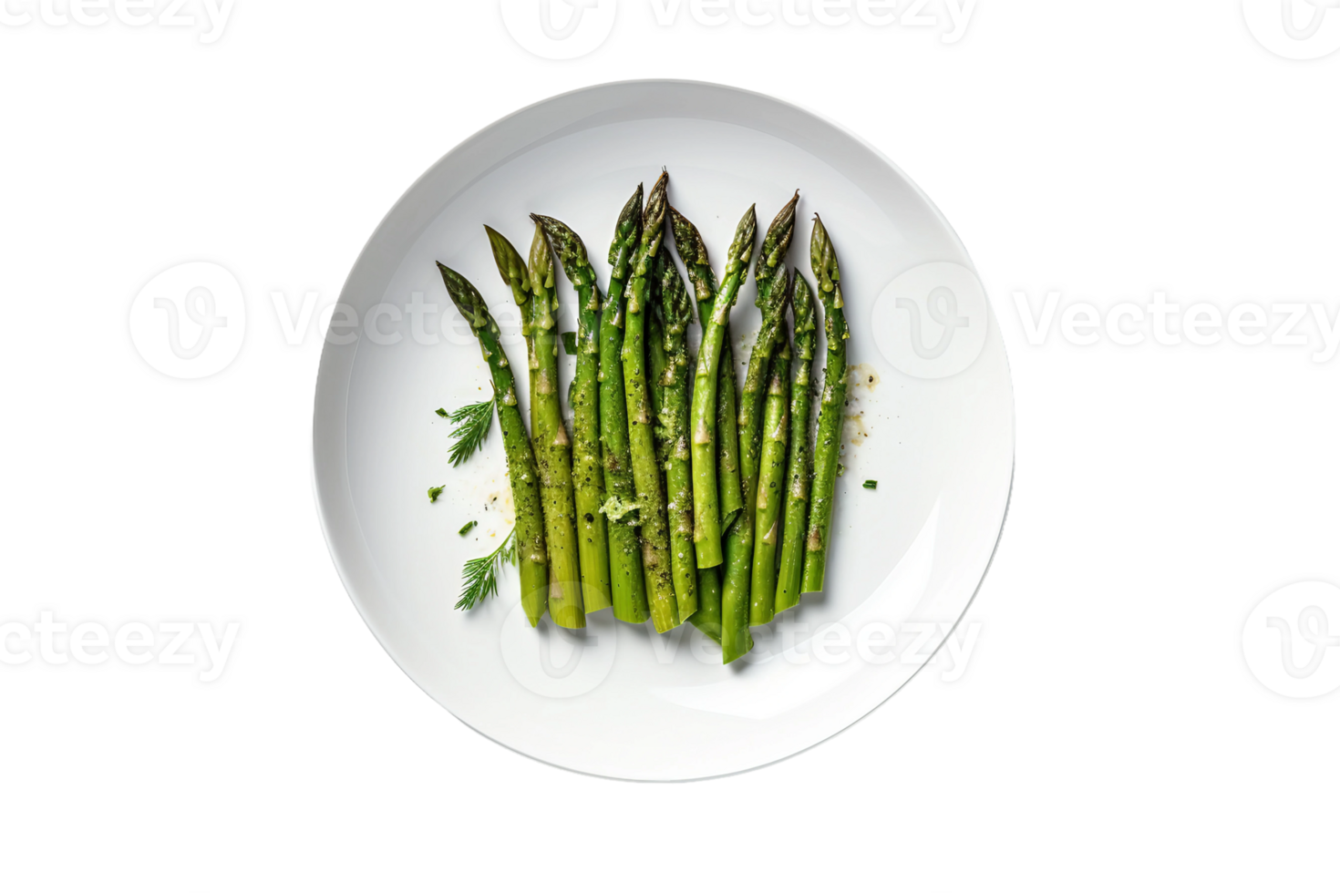AI generated Grilled Asparagus on a White Plate. Transparent Background. png