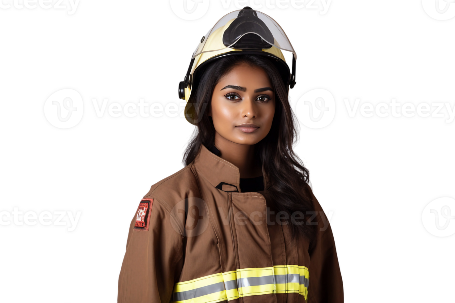 AI generated Indian Girl in Firefighter Costume on Transparent Background. png