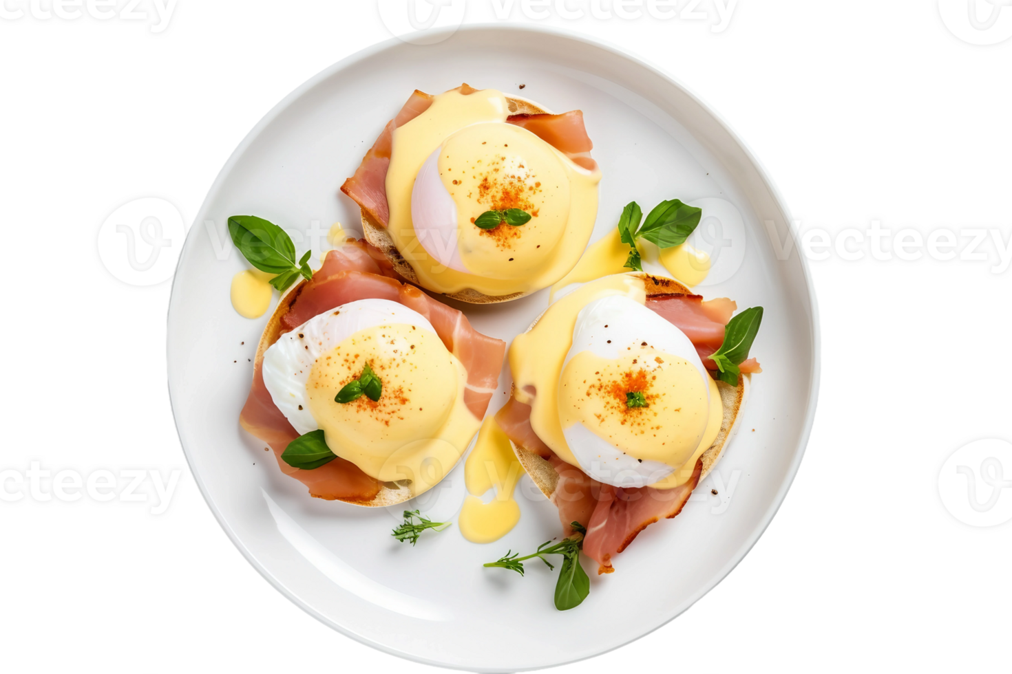 AI generated Eggs Benedict on a White Plate. Transparent Background png