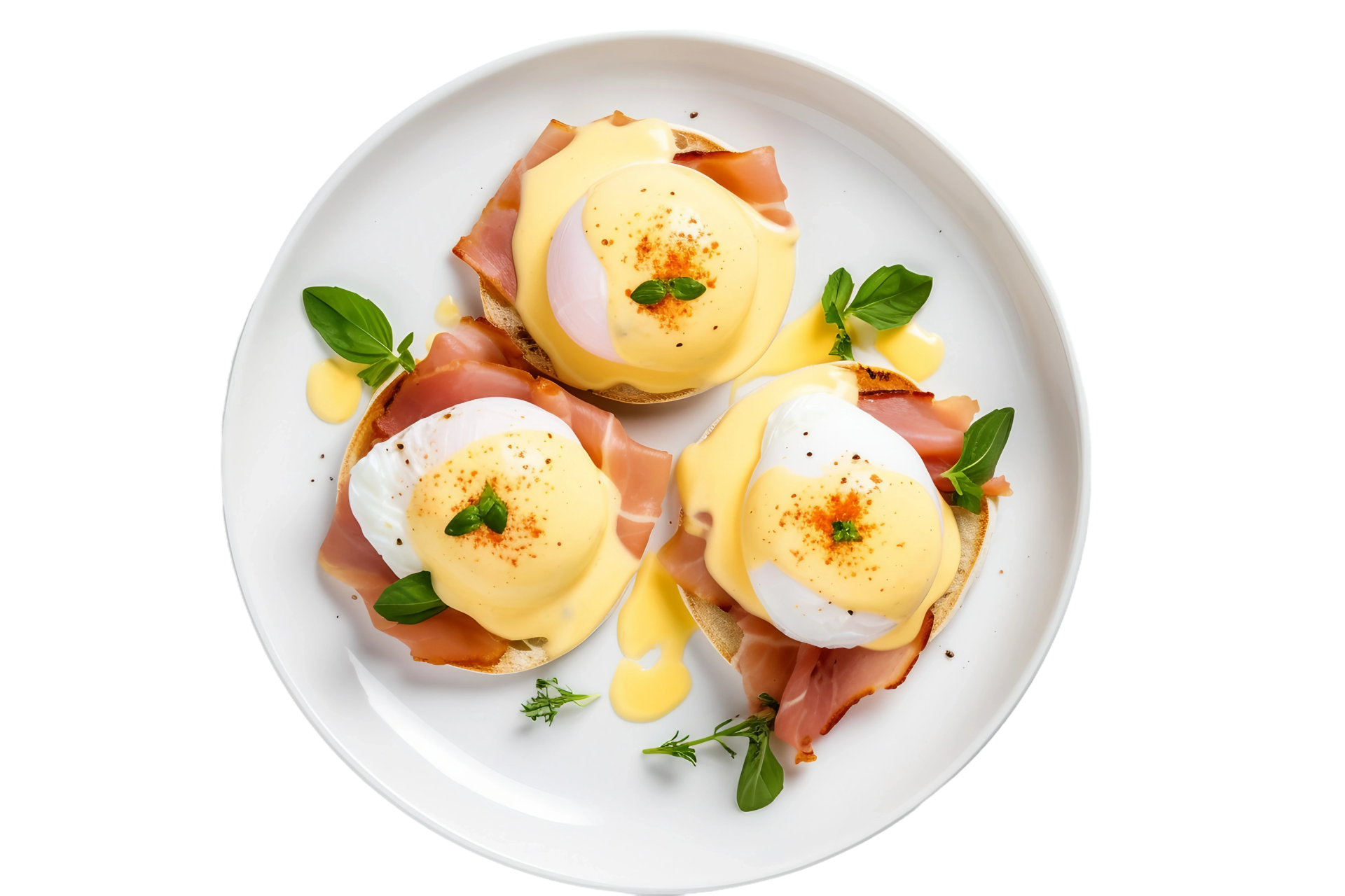 AI generated Eggs Benedict on a White Plate. Transparent Background