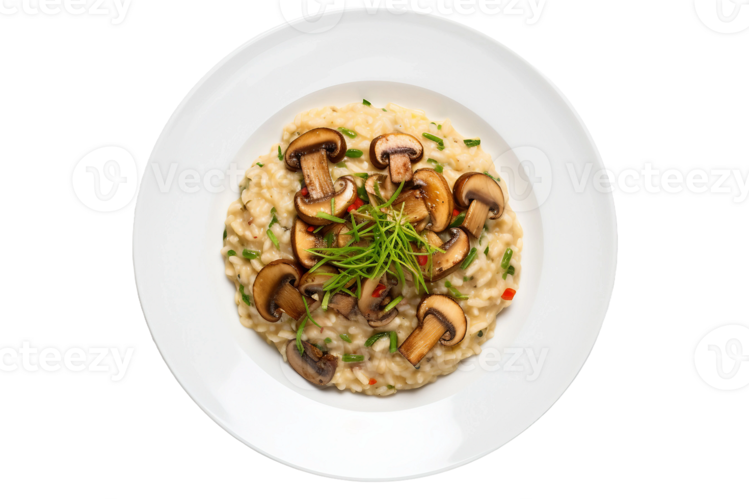 AI generated Mushroom Risotto on a White Plate on Transparent Background. png