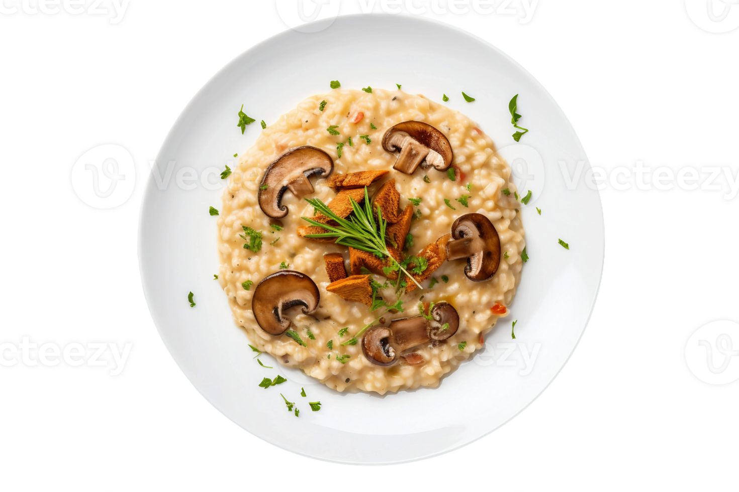 AI generated Mushroom Risotto on a White Plate on Transparent Background. png