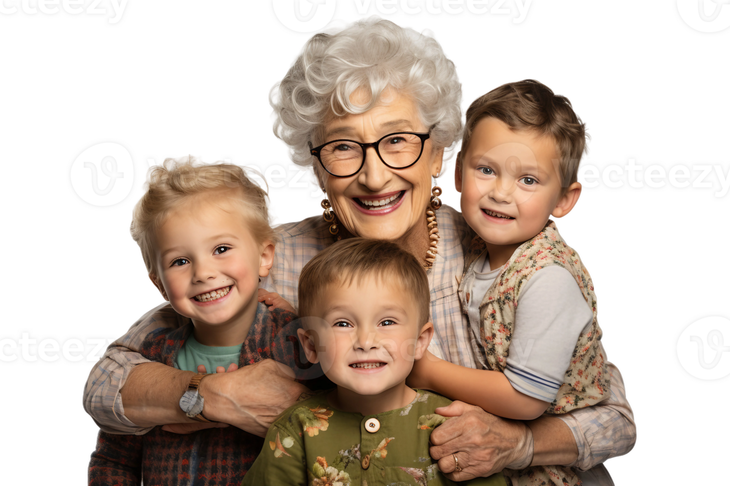 AI generated Affectionate Grandma and Grandkids on Transparent Background. png
