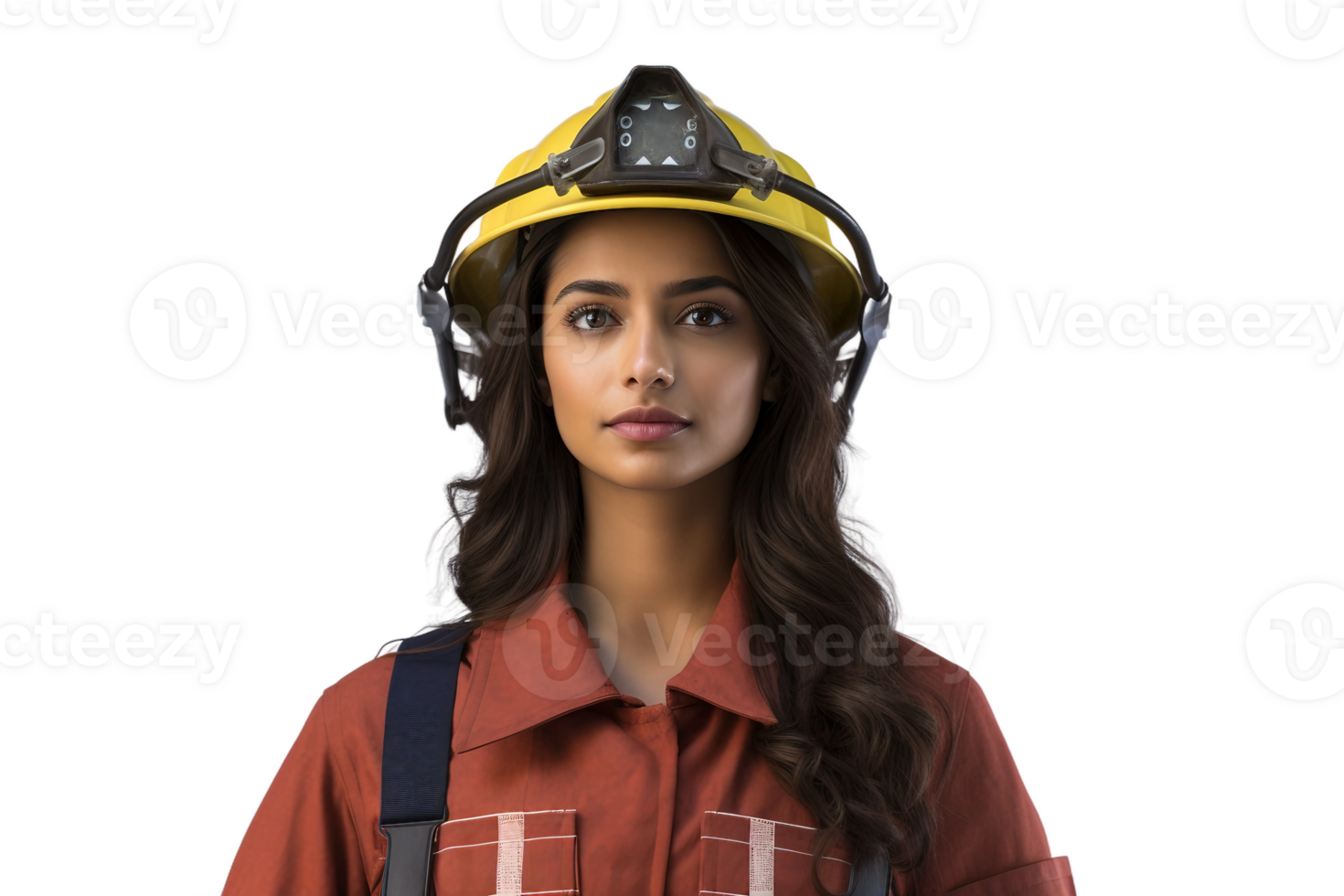 AI generated Indian Girl in Firefighter Costume on Transparent Background. png