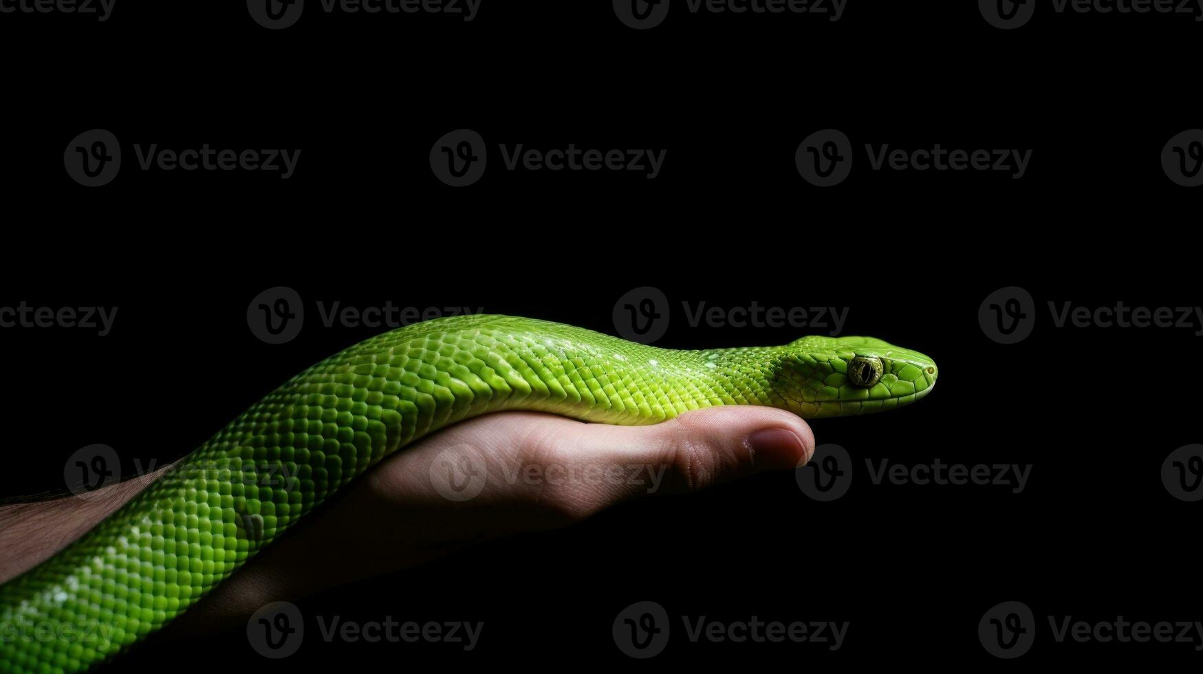 AI generated hand holding a green snake, isolated black background photo