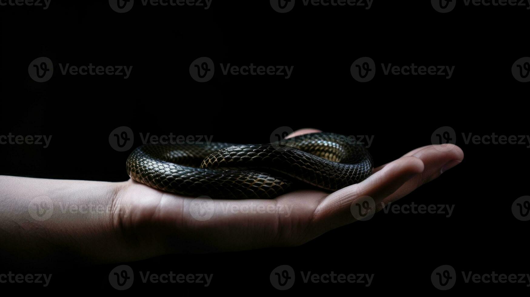 AI generated hand holding a black snake, isolated black background photo