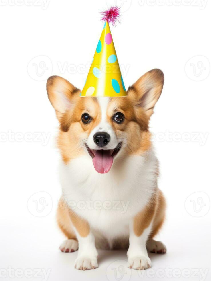 ai generado linda pembroke galés corgi perro vistiendo cumpleaños sombrero en pie frente a el cámara foto