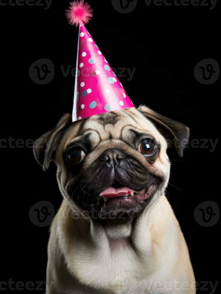 ai generado doguillo perro con contento expresión vistiendo cumpleaños sombrero foto