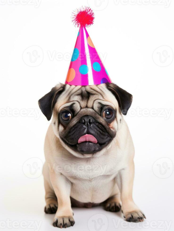 ai generado doguillo perro con contento expresión vistiendo cumpleaños sombrero foto