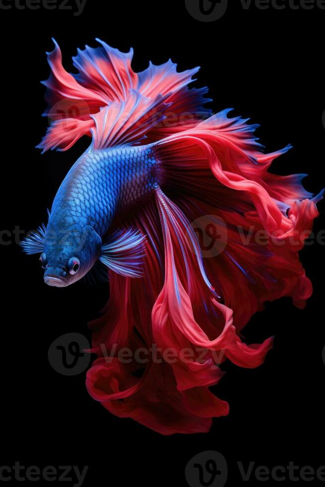 AI generated Aggressive Siamese Fishing Fish, Betta with multi vibrant colors isolated black background photo