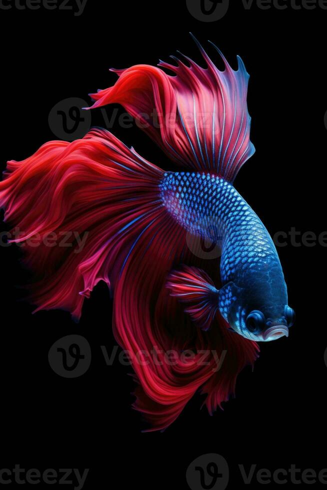 ai generado agresivo siamés pescar pez, Betta con multi vibrante colores aislado negro antecedentes foto