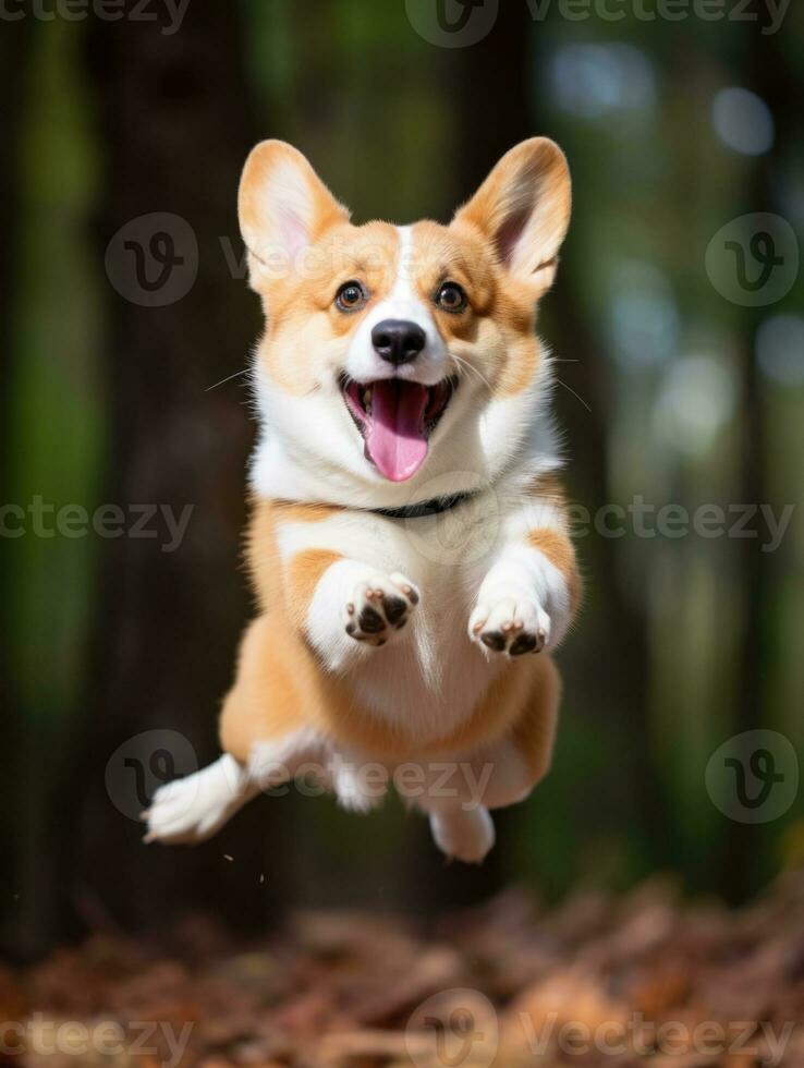 ai generado linda pembroke galés corgi perro saltando en el patio interior en un soleado día frente a el cámara foto