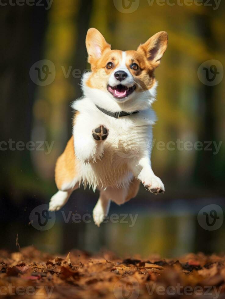 ai generado linda pembroke galés corgi perro saltando en el patio interior en un soleado día frente a el cámara foto