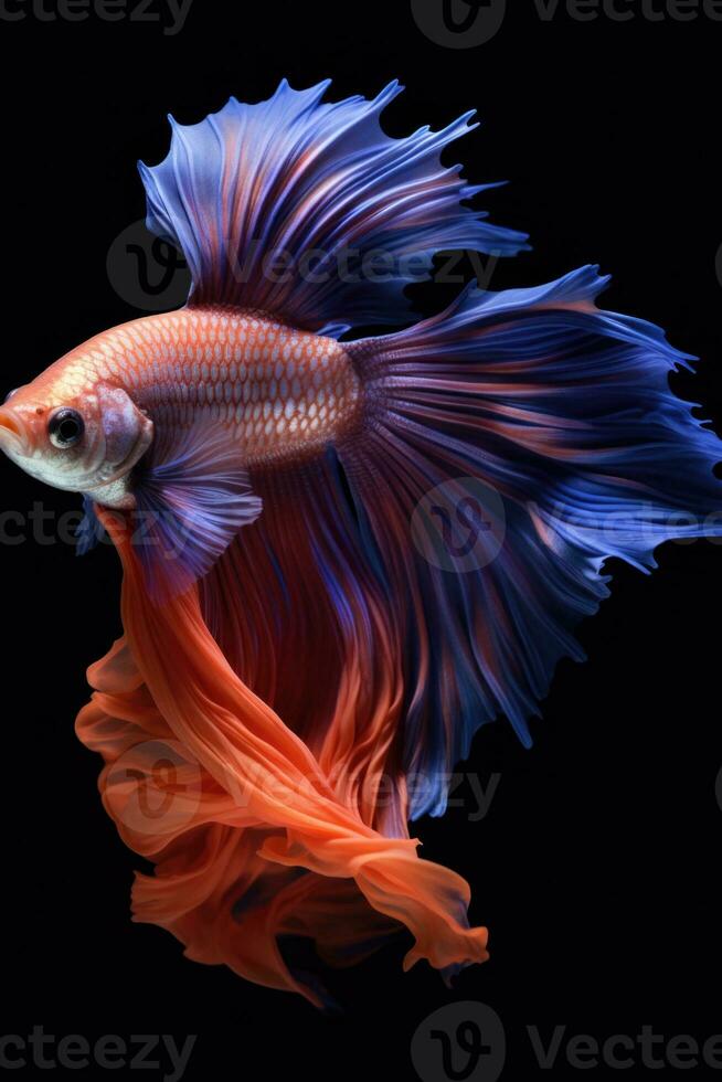 AI generated Aggressive Siamese Fishing Fish, Betta with multi vibrant colors isolated black background photo