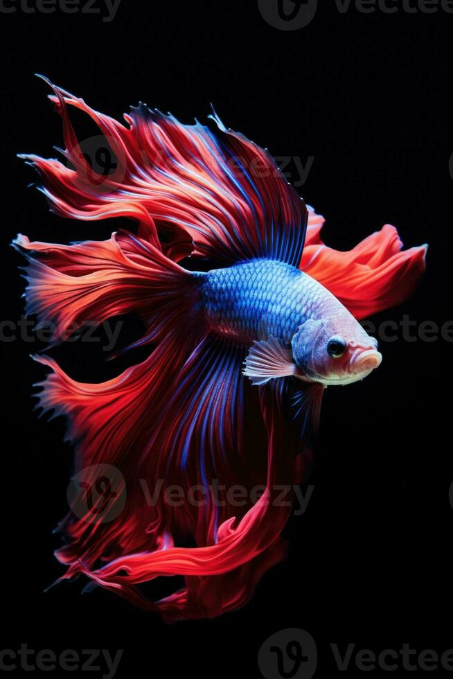 ai generado agresivo siamés pescar pez, Betta con multi vibrante colores aislado negro antecedentes foto