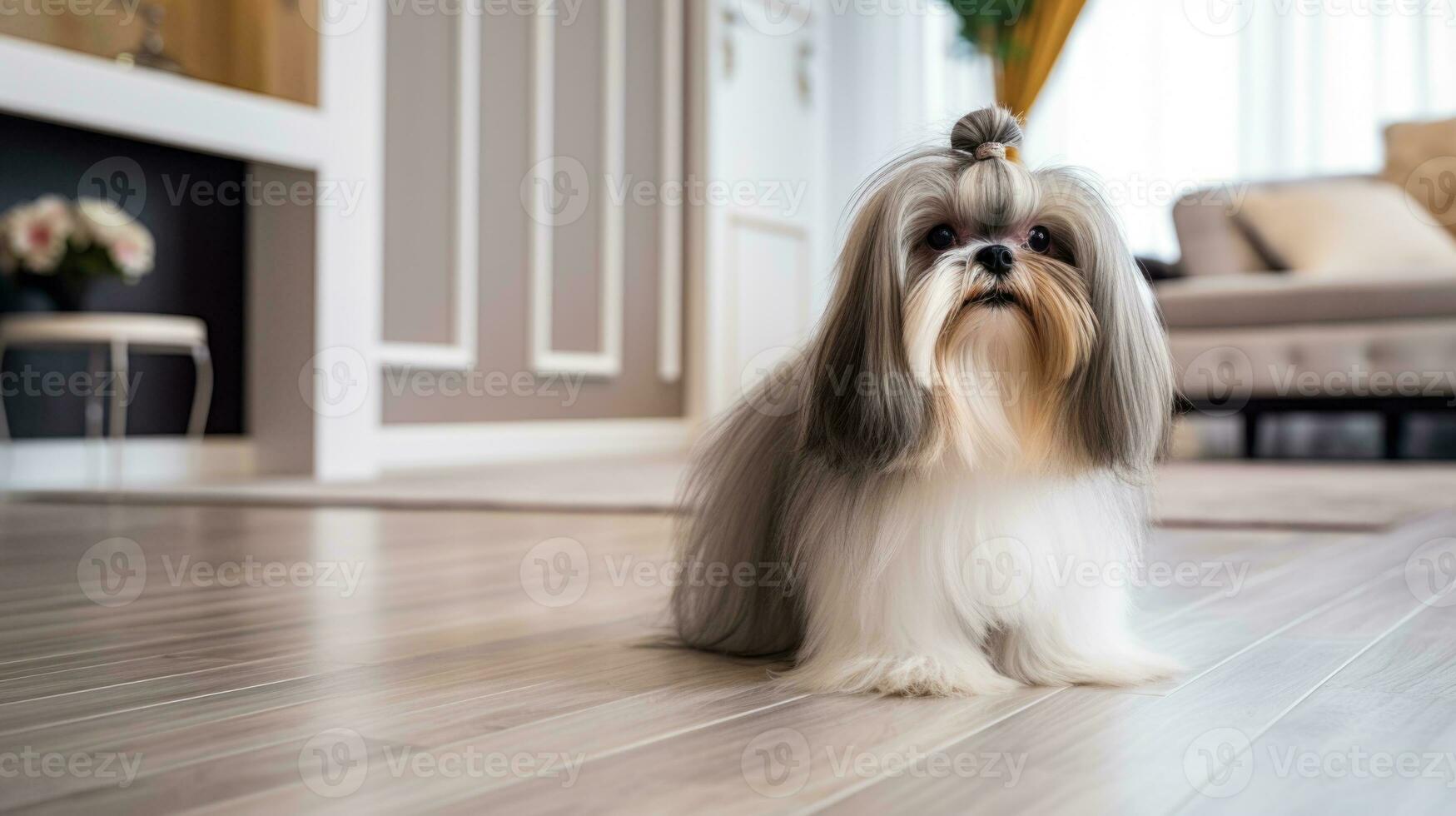 AI generated Cute Young Shih Tzu dog with long hair sitting on the room and looking at camera photo