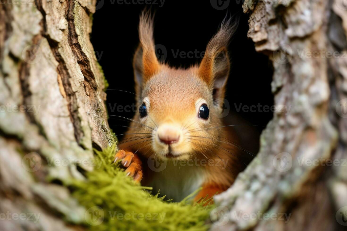 AI generated a cute squirrel peeks out of a tree hole photo