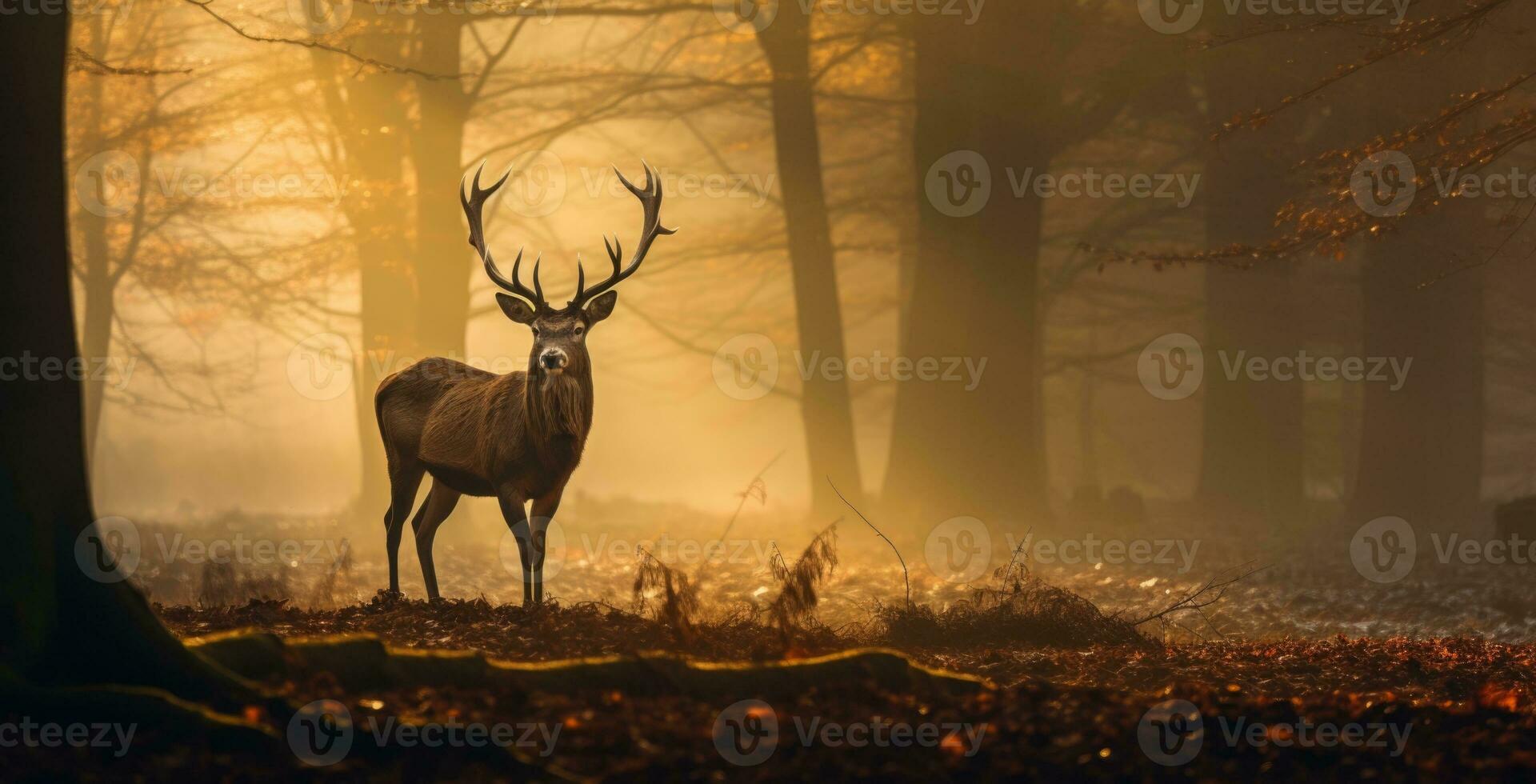 ai generado poderoso rojo ciervo en pie en el bosque con denso niebla en el mañana, otoño tema foto