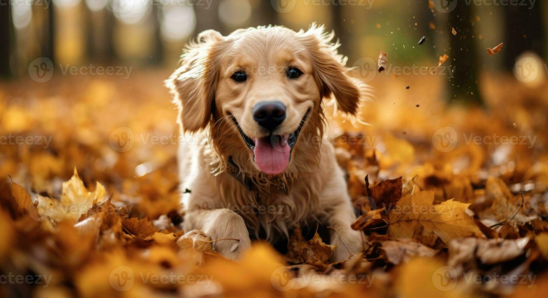 AI generated Golden retriever dog sitting on a pile of dry maple leaves, autumn theme concept photo