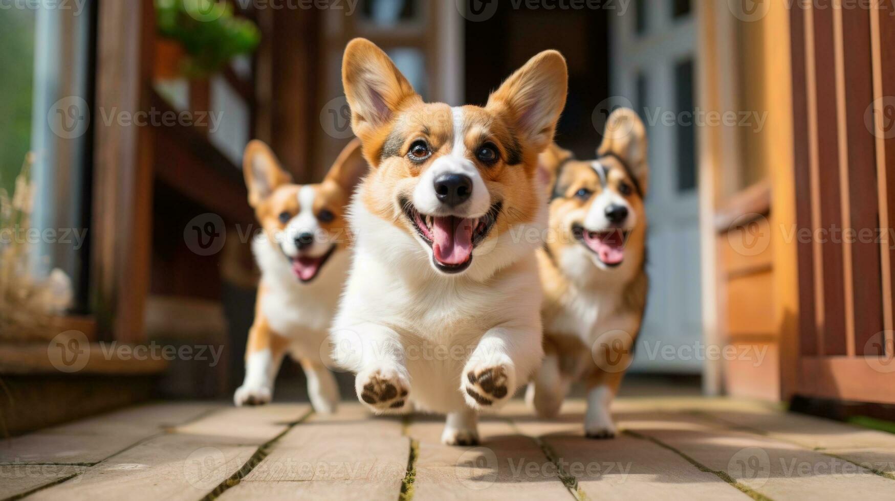 ai generado grupo de linda pembroke galés corgi perro corriendo en un soleado día frente a el cámara foto