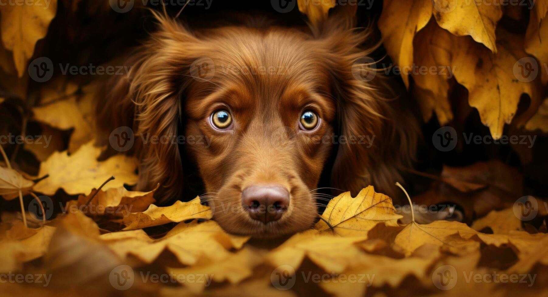 AI generated Golden retriever dog sitting on a pile of dry maple leaves, autumn theme concept photo