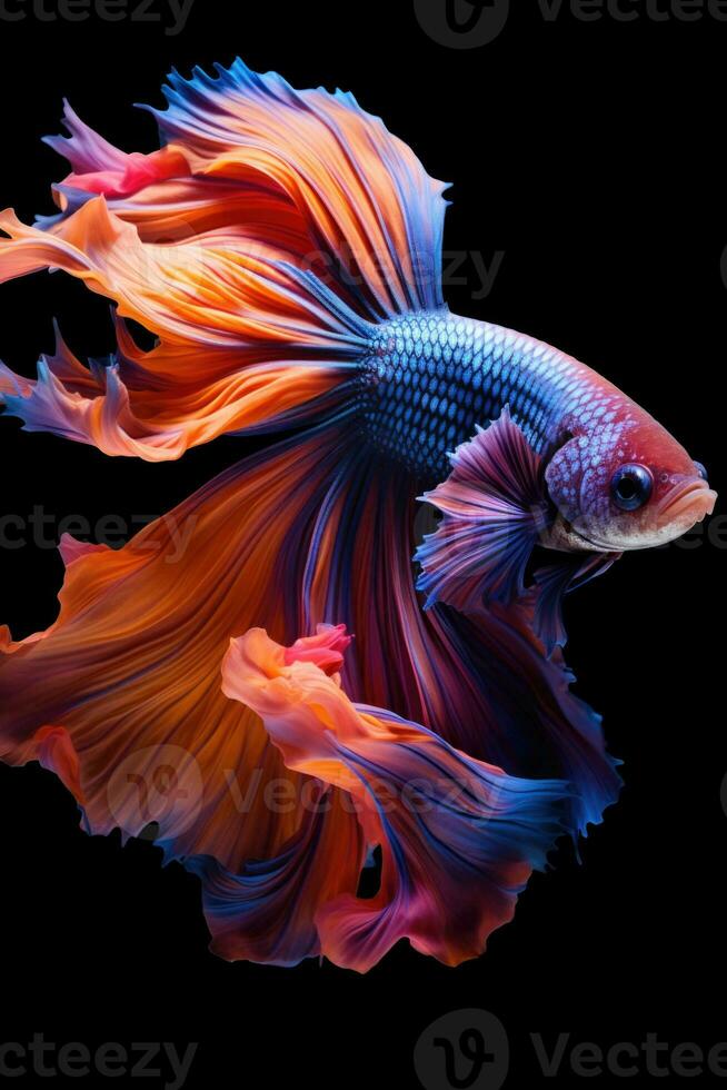 AI generated Aggressive Siamese Fishing Fish, Betta with multi vibrant colors isolated black background photo