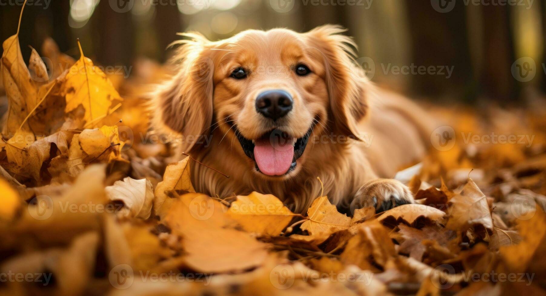 AI generated Golden retriever dog sitting on a pile of dry maple leaves, autumn theme concept photo
