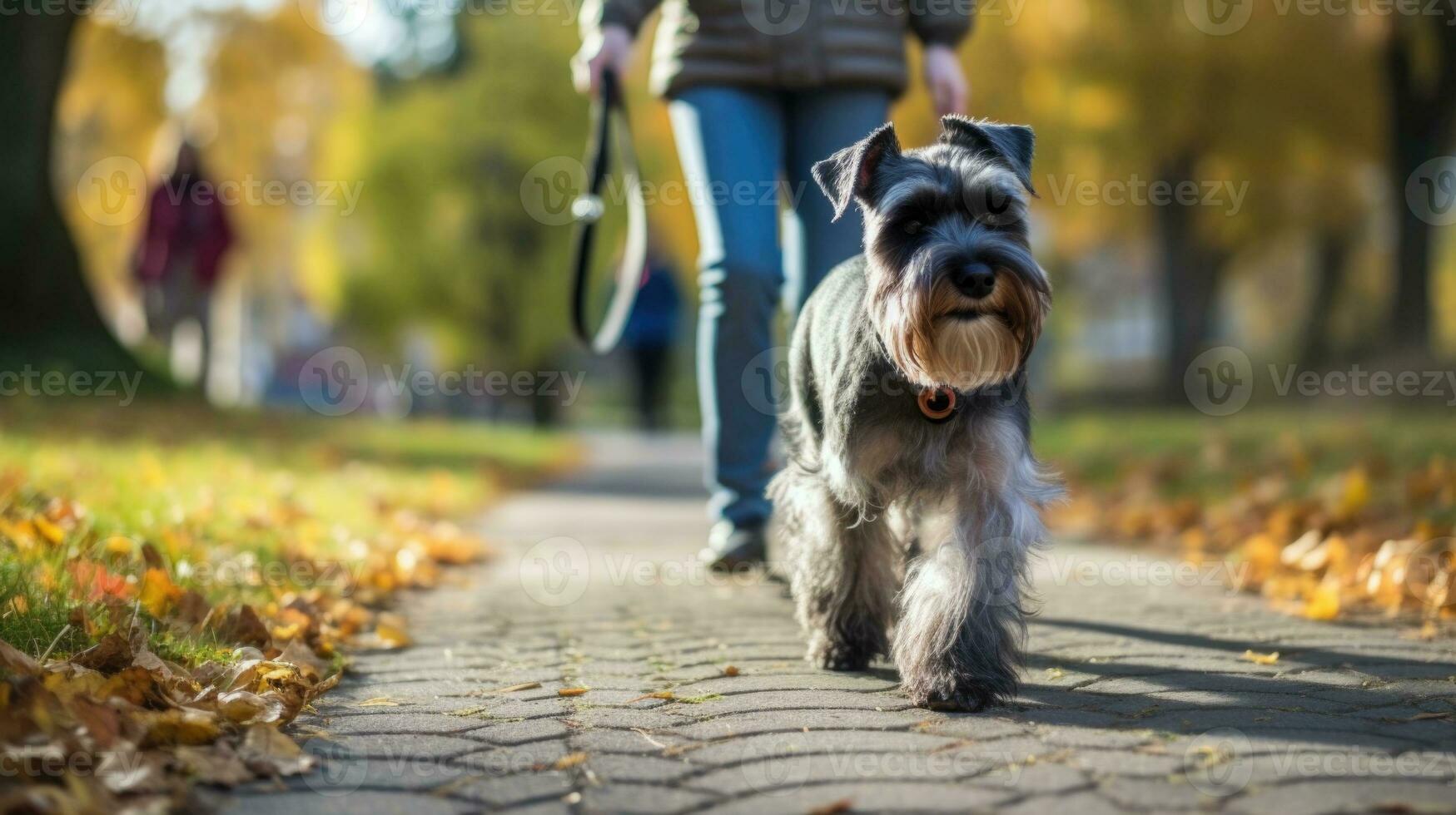 ai generado miniatura Schnauzer caminando en el parque con su propietario foto