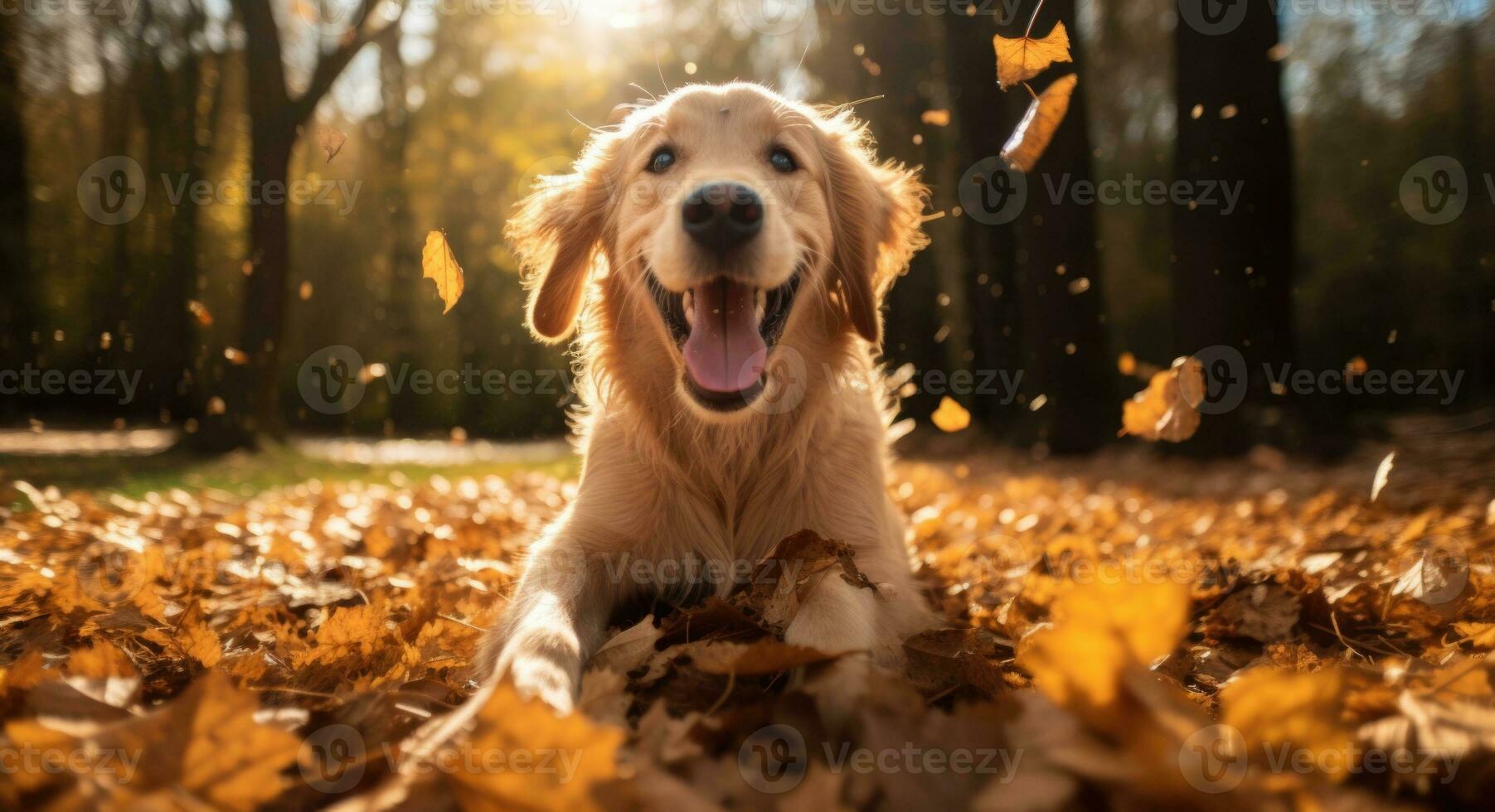 AI generated Golden retriever dog sitting on a pile of dry maple leaves, autumn theme concept photo