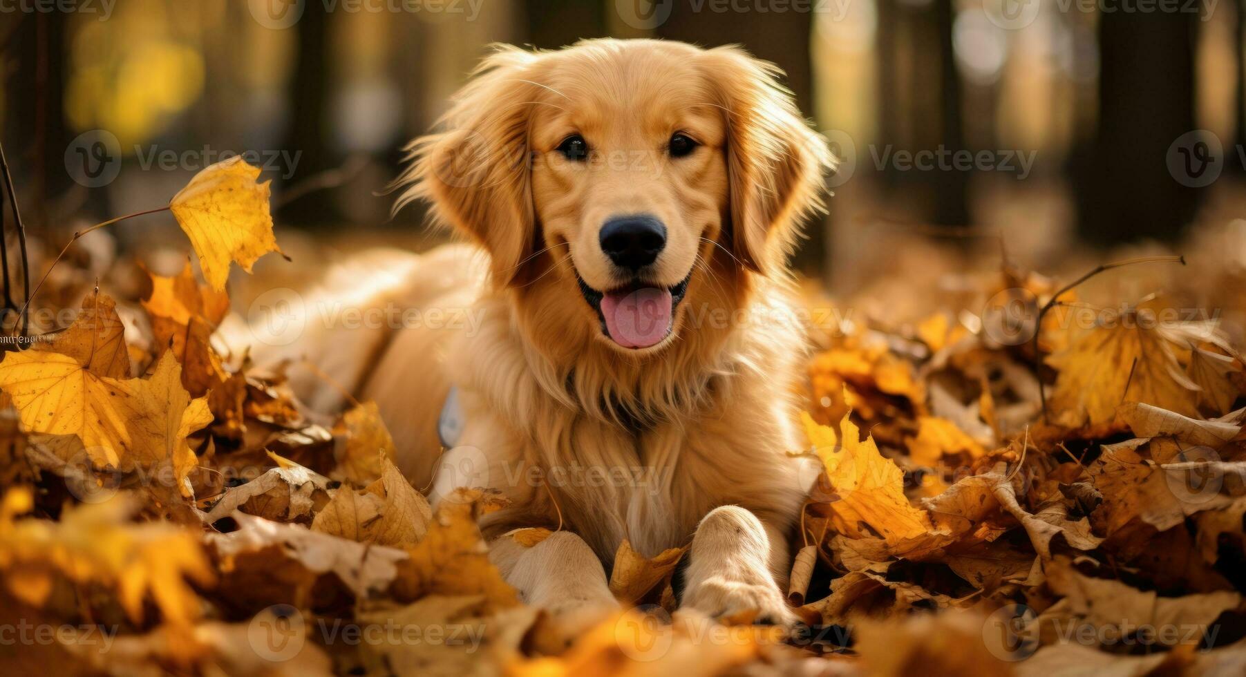 AI generated Golden retriever dog sitting on a pile of dry maple leaves, autumn theme concept photo