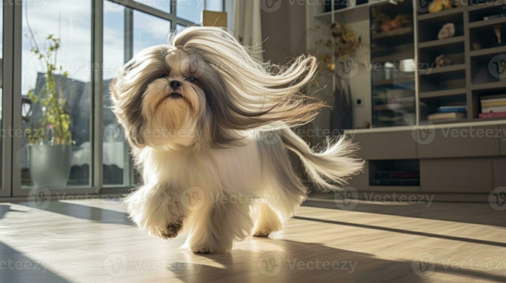 AI generated Cute Young Shih Tzu dog with long hair sitting on the room and looking at camera photo