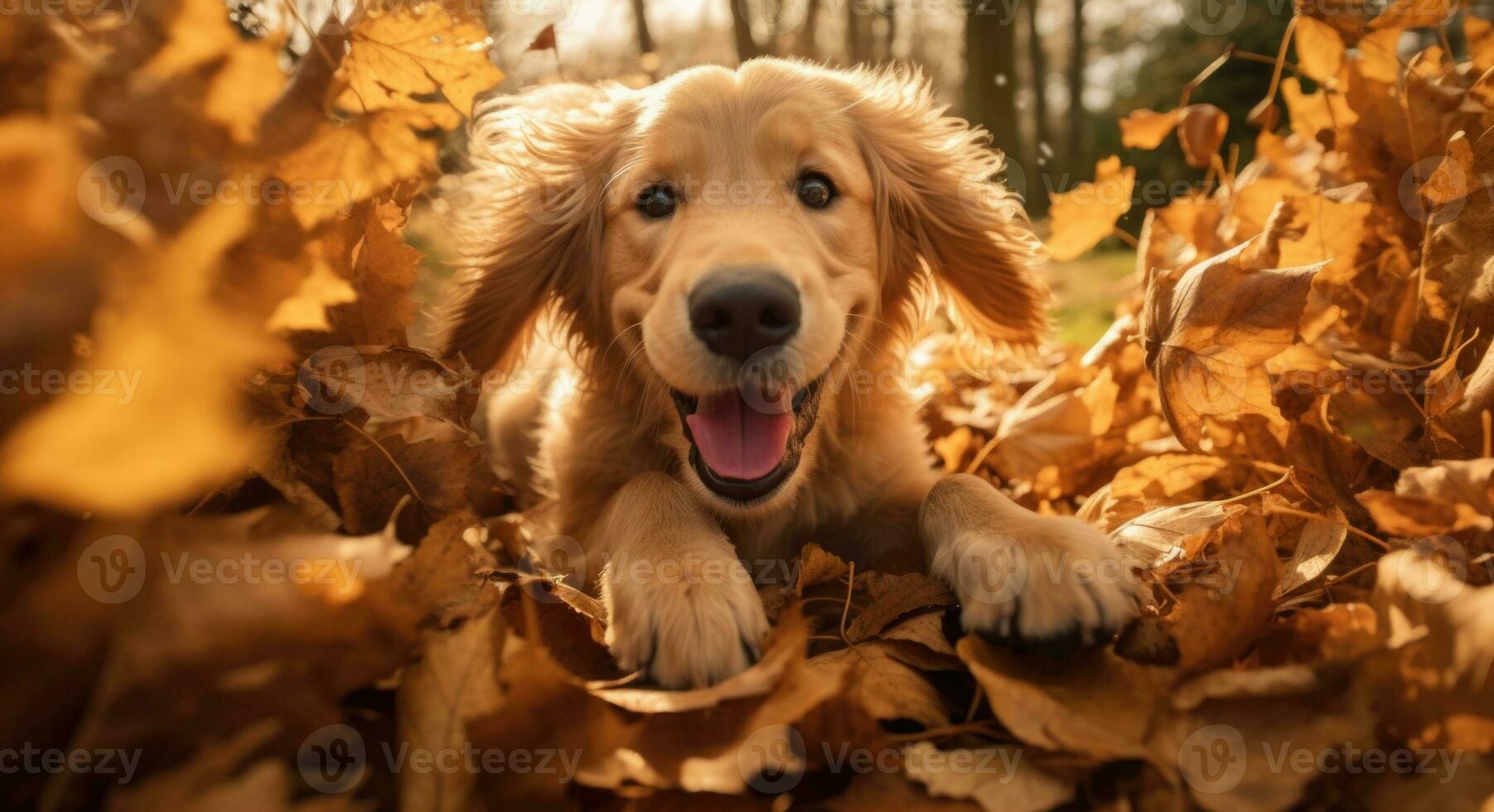 AI generated Golden retriever dog sitting on a pile of dry maple leaves, autumn theme concept photo