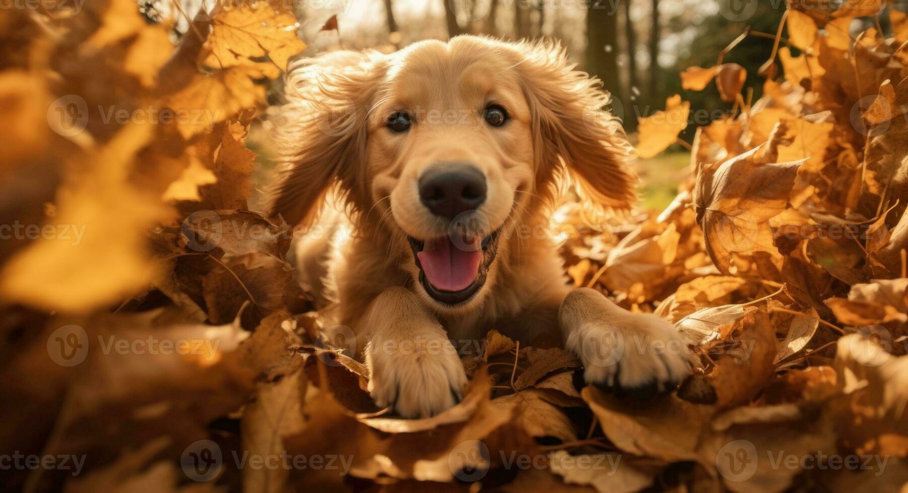 ai generado dorado perdiguero perro sentado en un pila de seco arce hojas, otoño tema concepto foto